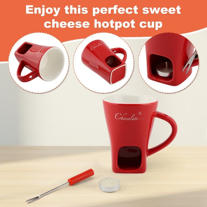 WeiLingBo Chocolate Fondue Cup,Chocolate Fondue Mug with Fork and Candle,Ceramic Chocolate Melting Cup for Birthday Date Night Birthday Wedding Gifts (11.5 * 5.5 * 8.5cm,COLOR:Red) - Image 4
